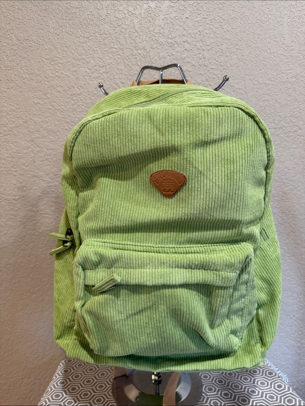 Billabong Light Green (avacado) colored Corduroy Backpack with Leather Logo